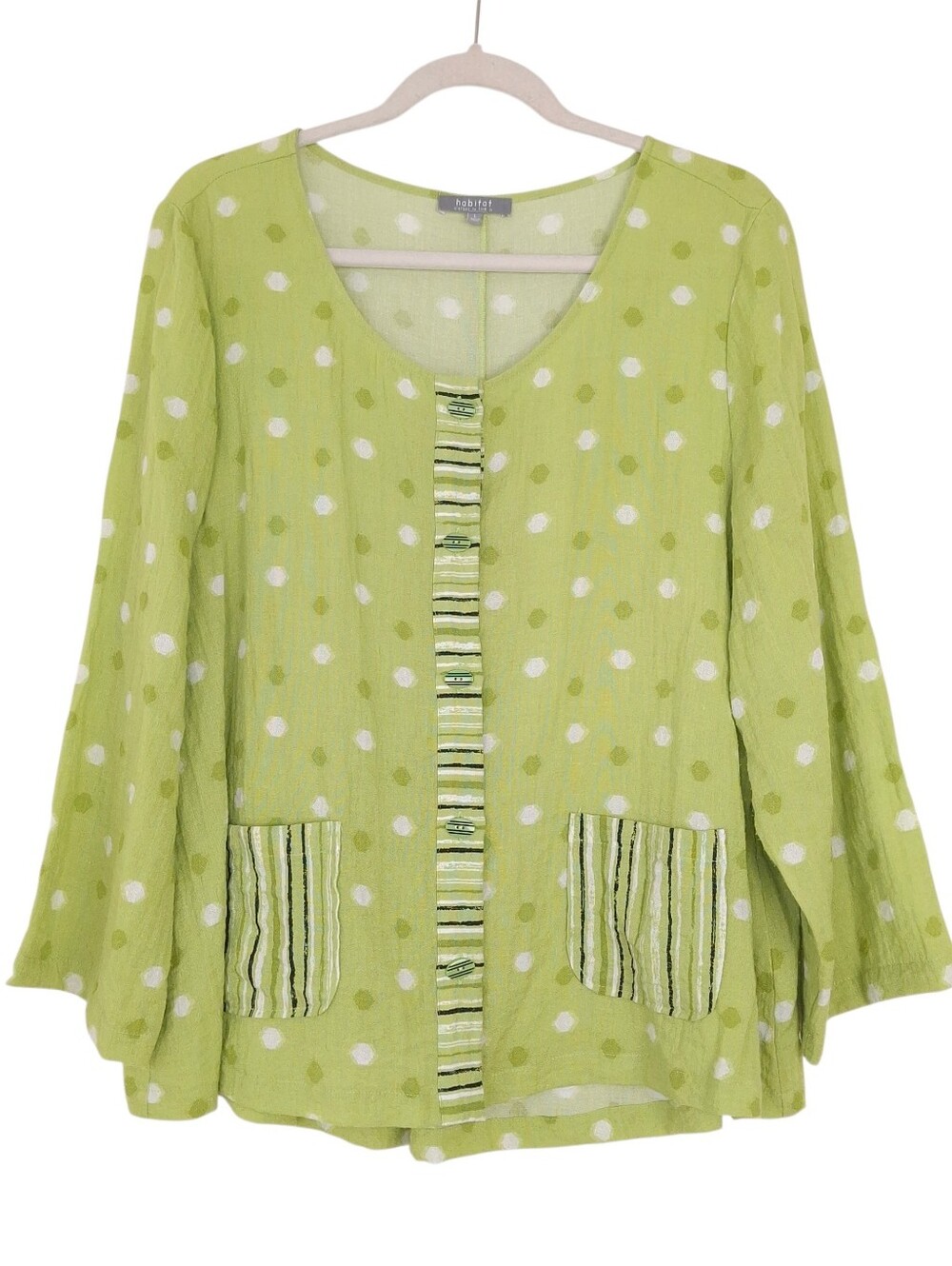 Habitat button up top polka dot Lagenlook artsy whimsical boho 3/4 sleeve green